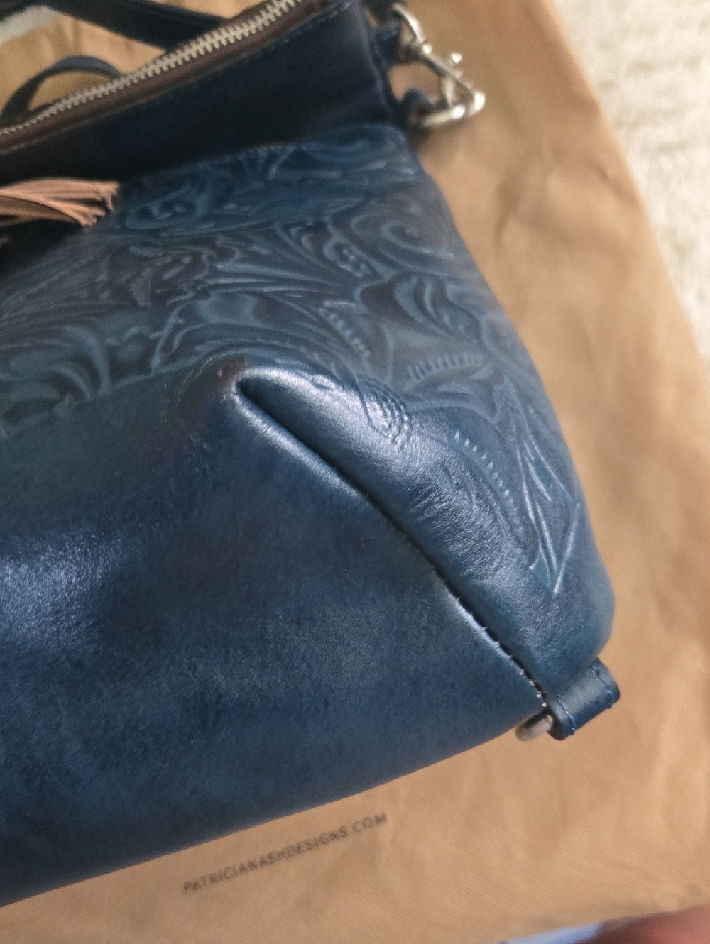 Patricia Nash Navy Embossed Leather Crossbody with Tan Tassel - Picture 10 of 14